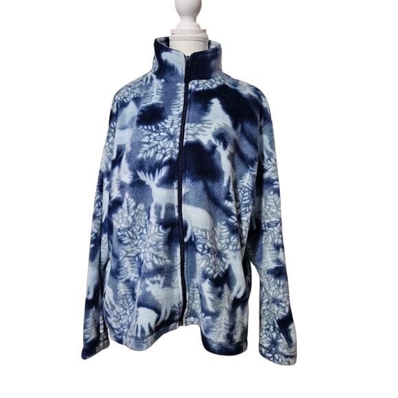 St. John's Bay Women's Fleece Jacket Blue White Size XL Winter Deer Scene Great! - Picture 1 of 6